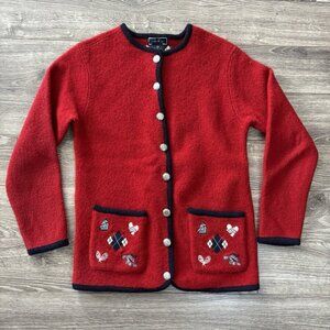 Item Co Red Boiled 100% Wool Metal Button Cardigan Sweater Womens S Embroidered
